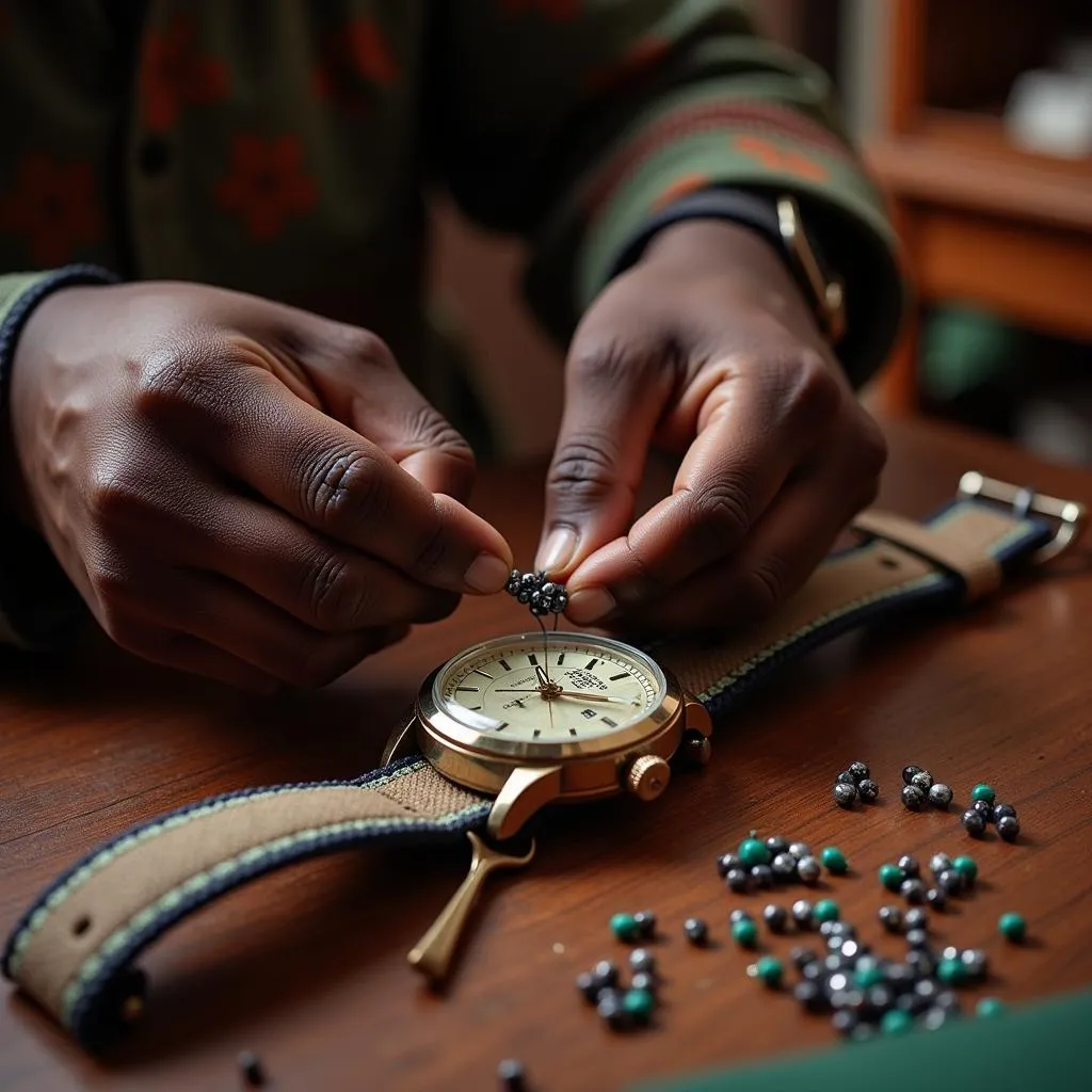 African artisan meticulously crafting a beaded watch