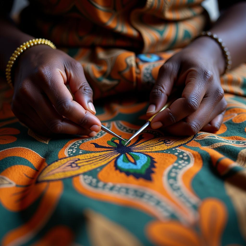 An African artisan skillfully crafting cotton borer embroidery