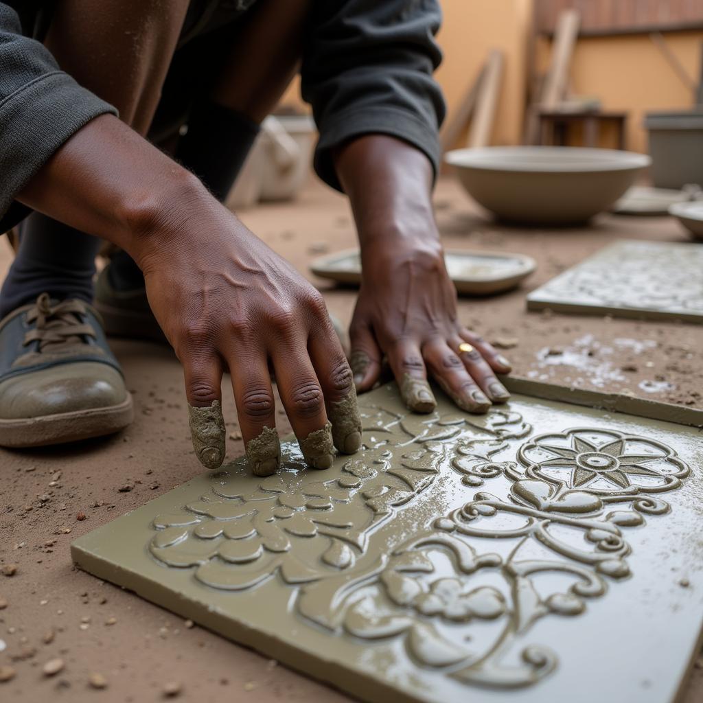 An African artisan meticulously crafting decorative concrete tiles