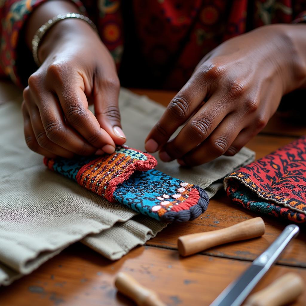 African Artisan Creating George Fabric Crafts with Traditional Techniques