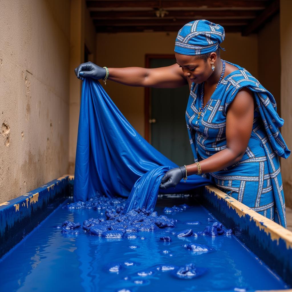 An African artisan dyeing fabric in natural indigo