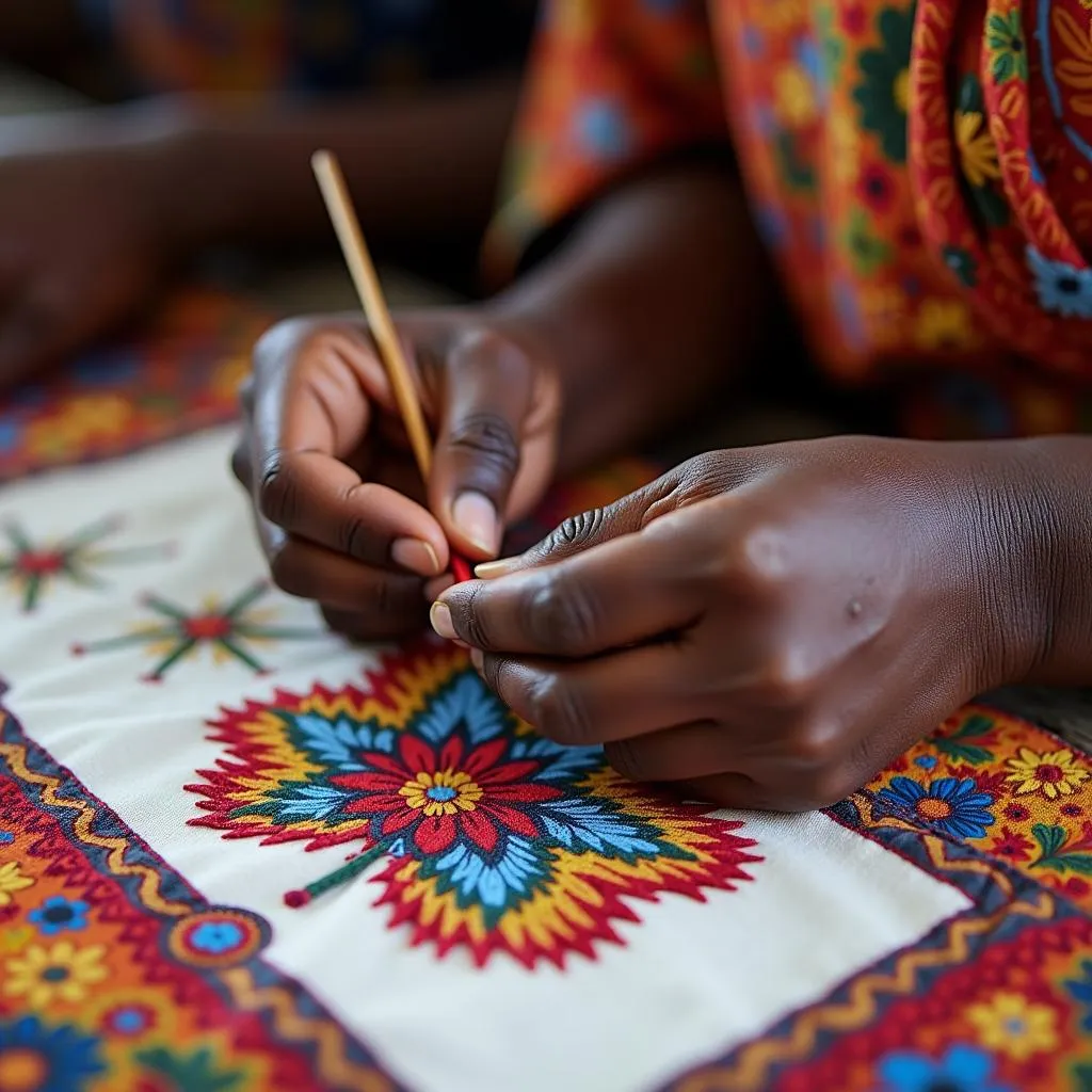 An African artisan hand-stitching intricate designs onto cotton fabric using colorful threads