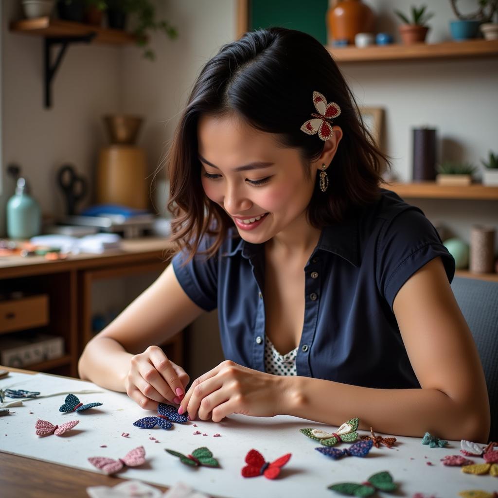 An African artisan crafting butterfly hair clips