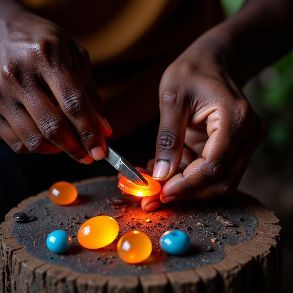 An African artisan shaping molten glass into beads