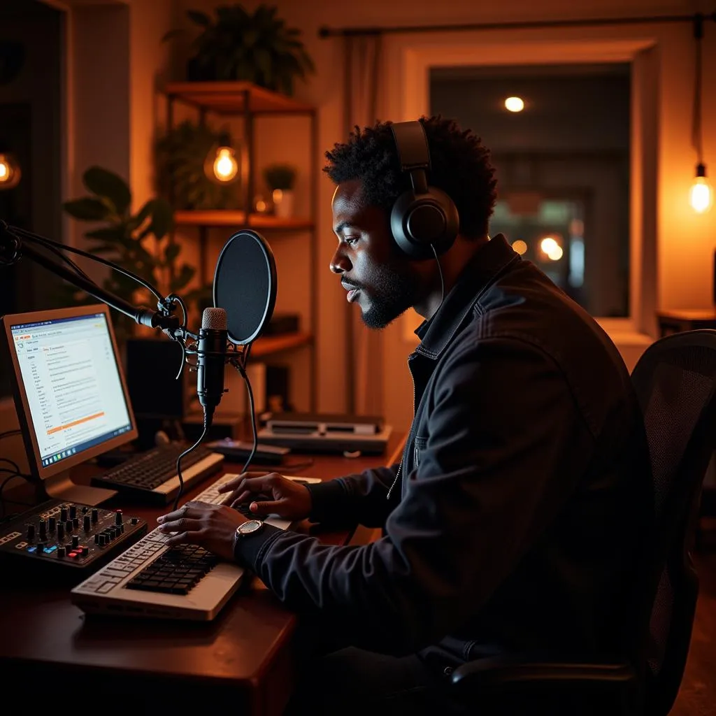 A modern African musician recording music in a professional studio