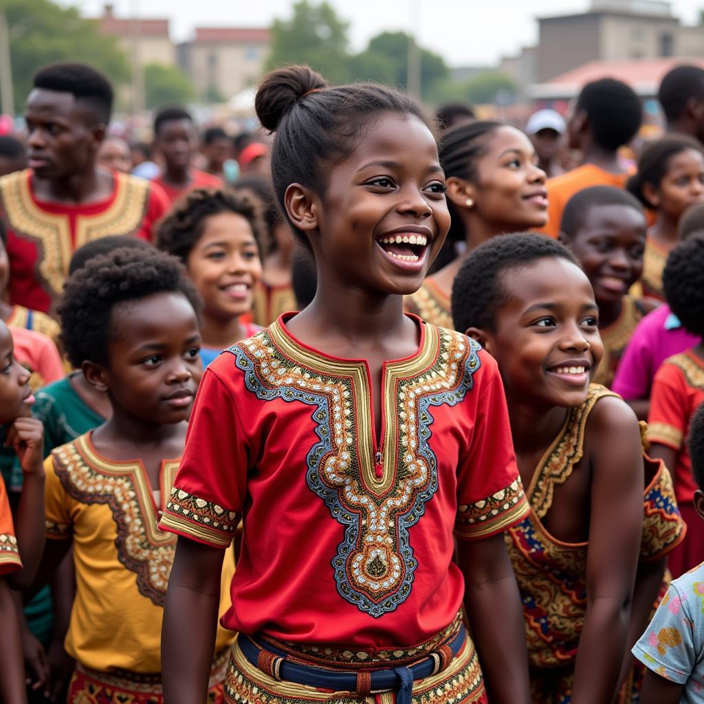 A group of people wearing brightly colored baboo shirts at a cultural celebration.