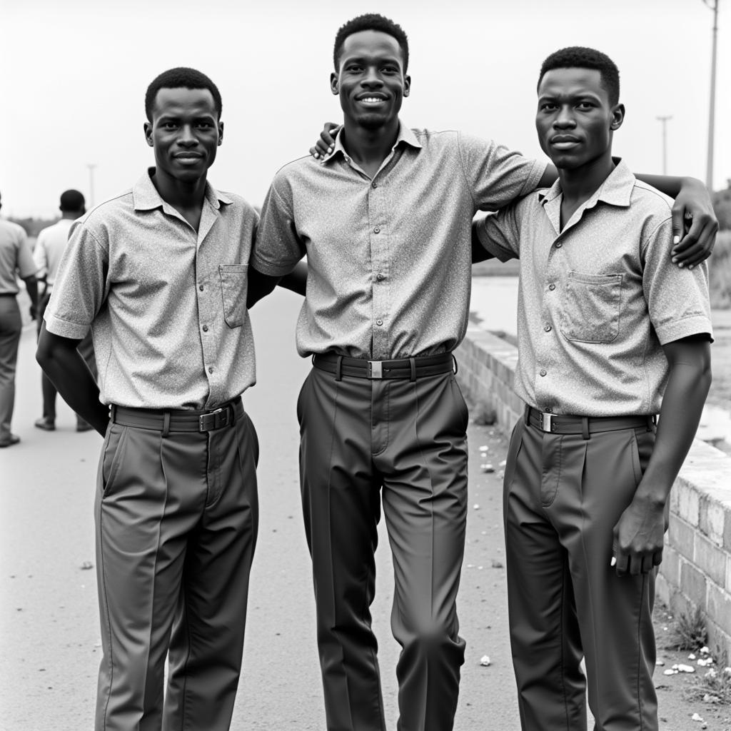 A vintage photograph depicting men wearing early variations of the baboo shirt.