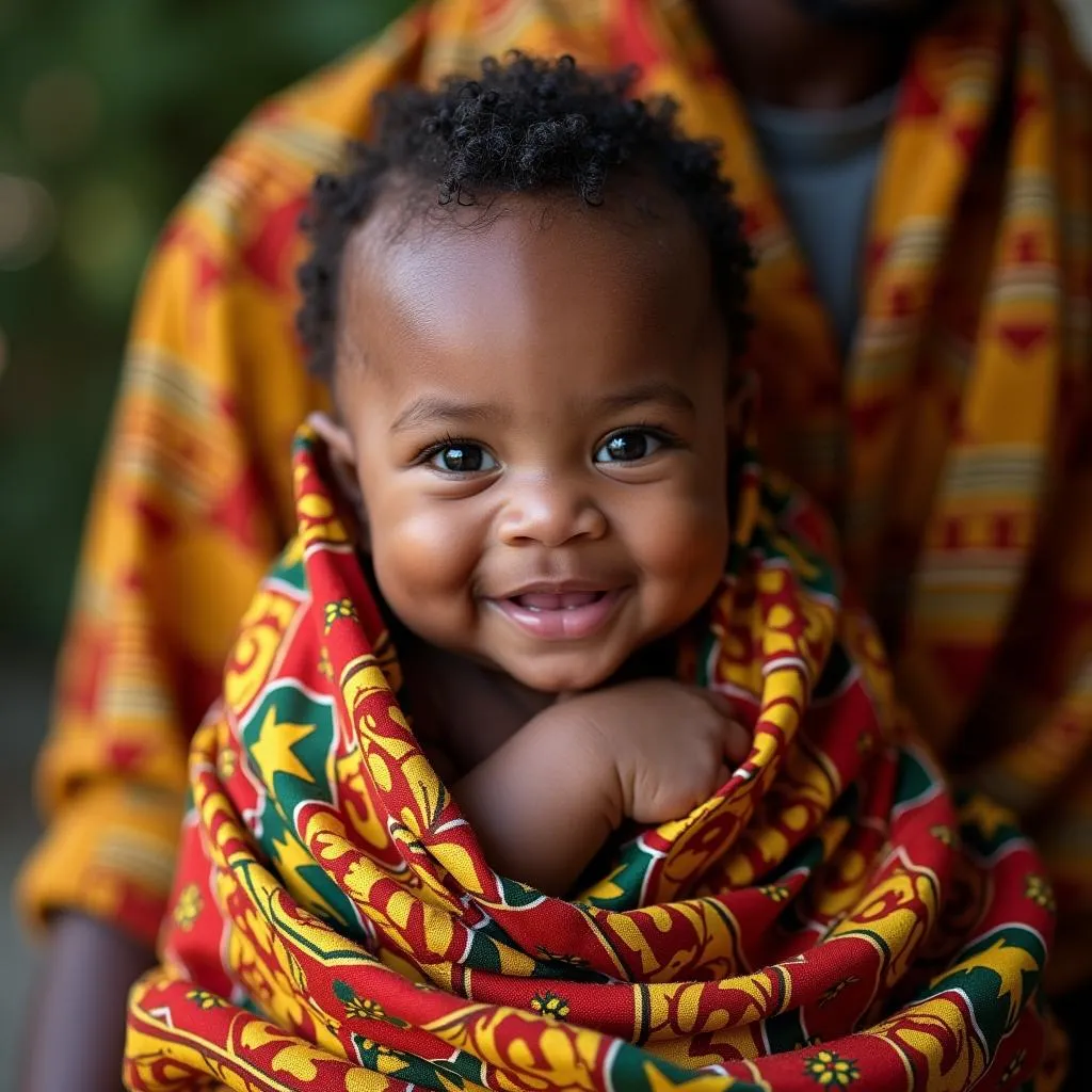 African baby boy wrapped in kente cloth