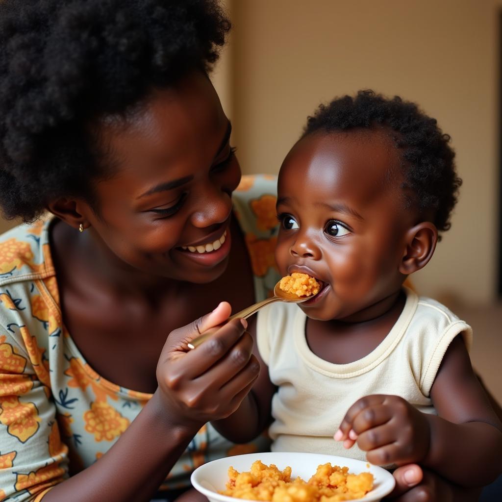 Mother feeding her baby with a spoon