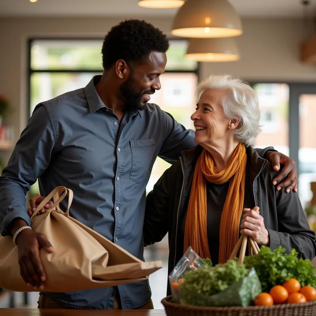 African Bagger Assisting an Elderly Woman