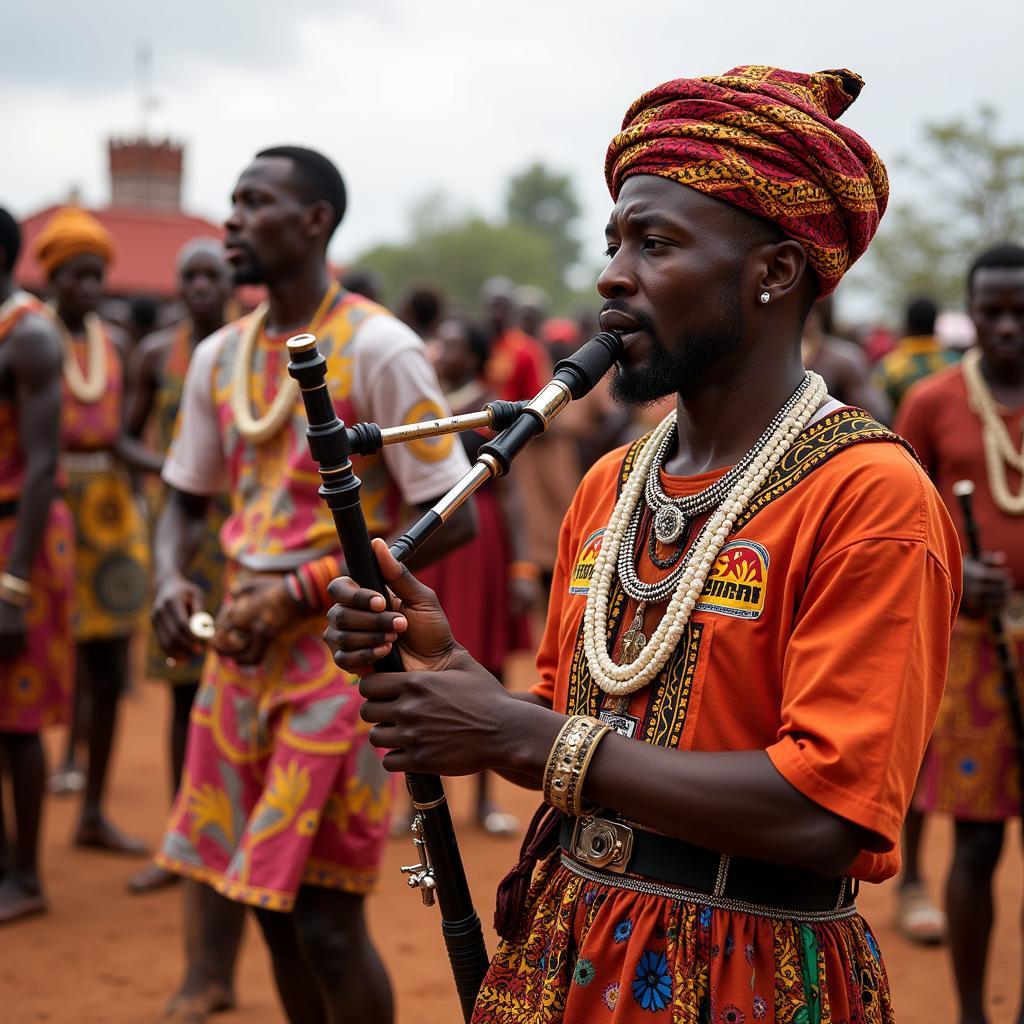 African Musician Playing Bagpipe in Traditional Ceremony