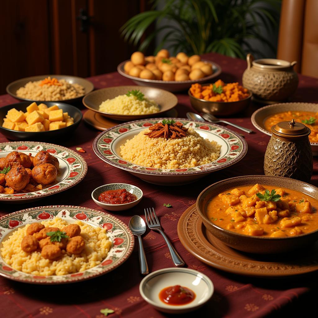 A spread of traditional Bahraini dishes with African influences.