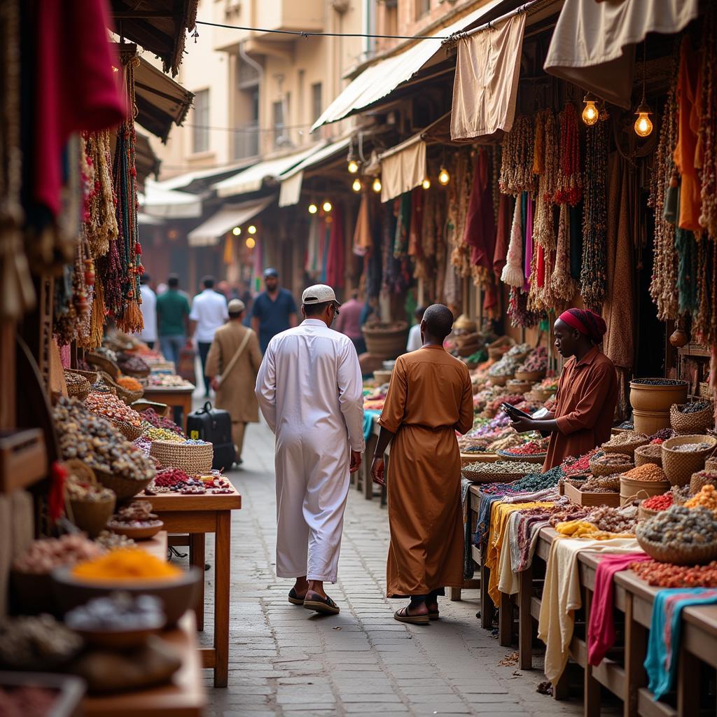 A bustling marketplace in Bahrain with African traders.