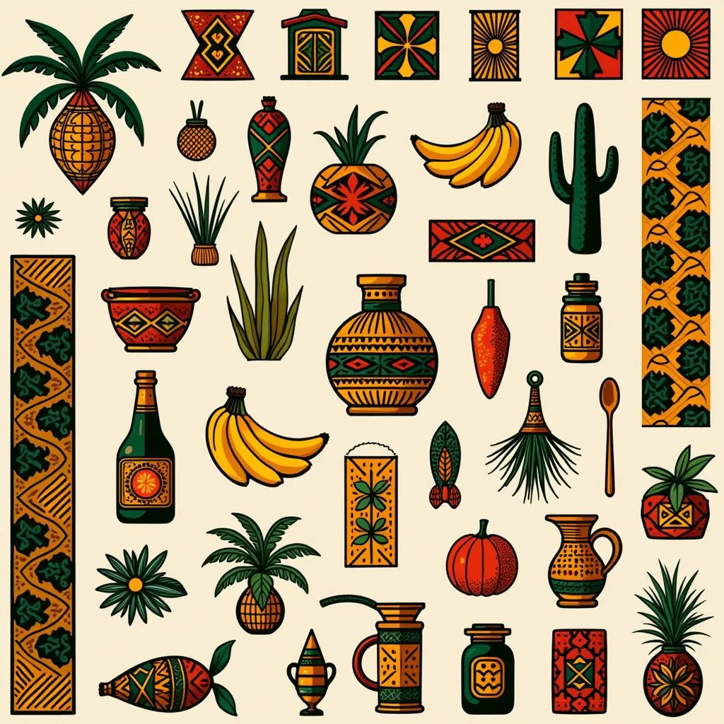 A collection of design elements inspired by African patterns and the banana beer brewing process