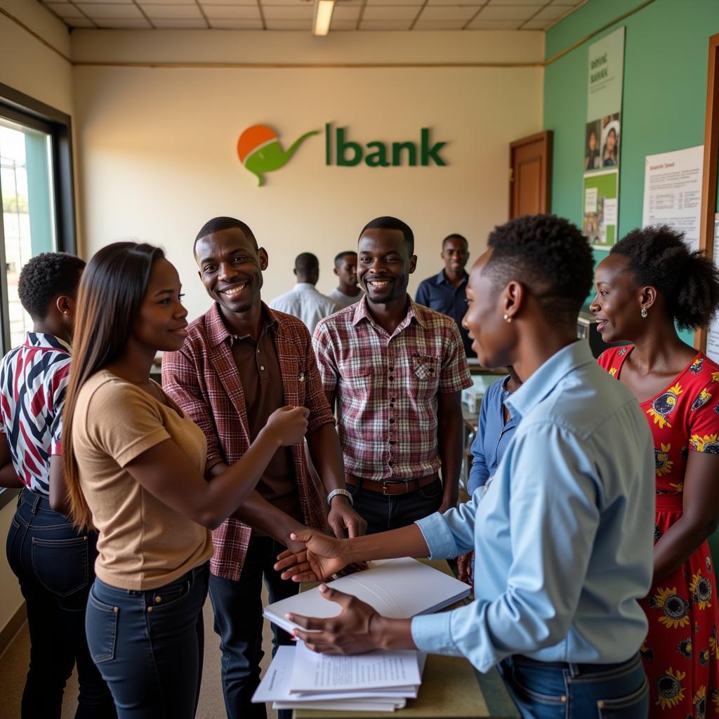 Busy interior of an African bank with customers and staff