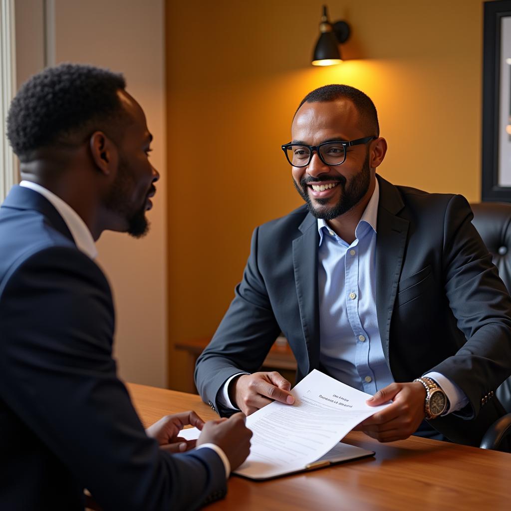 Financial consultant discussing loan settlement with a client