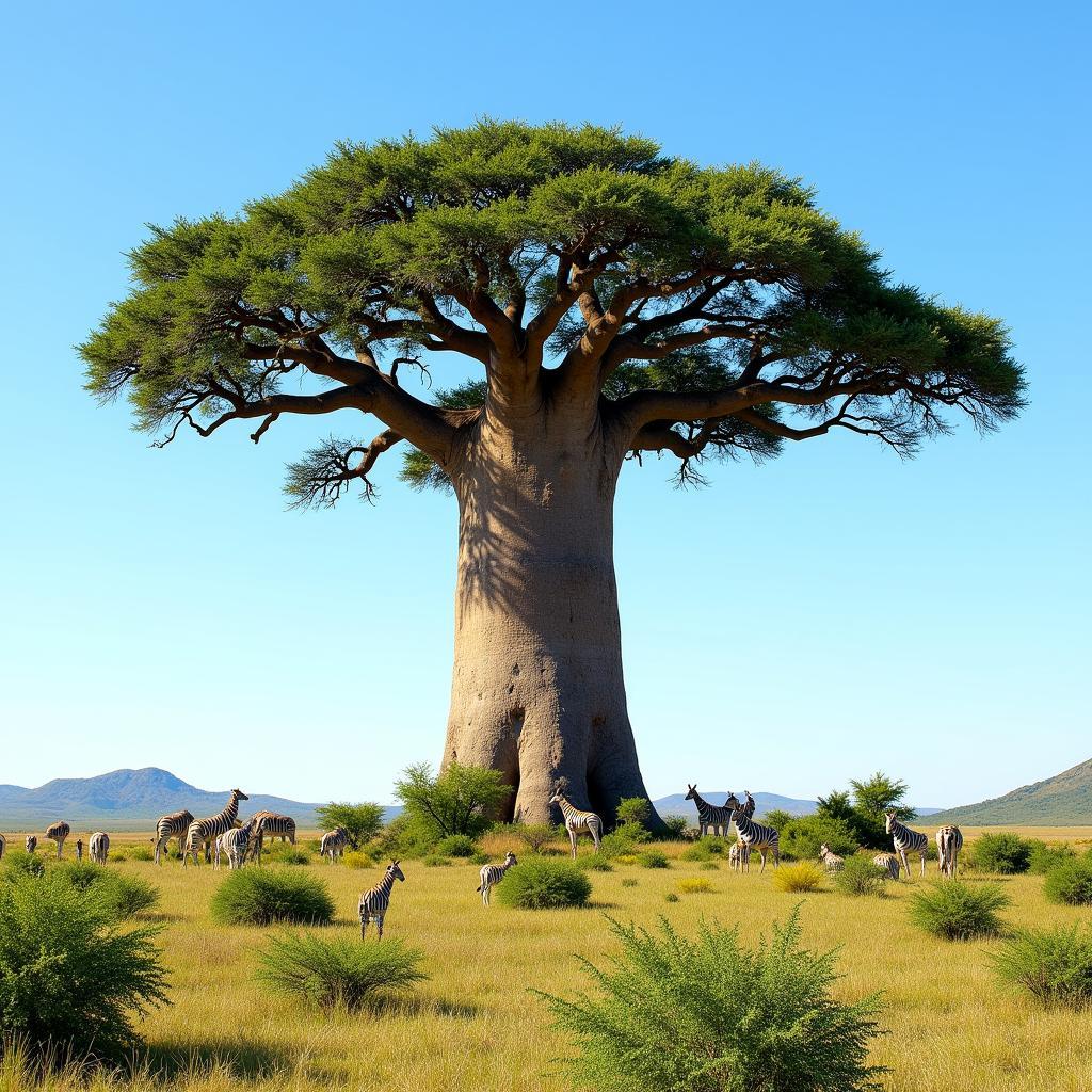 African Baobab Tree in Thriving Grassland