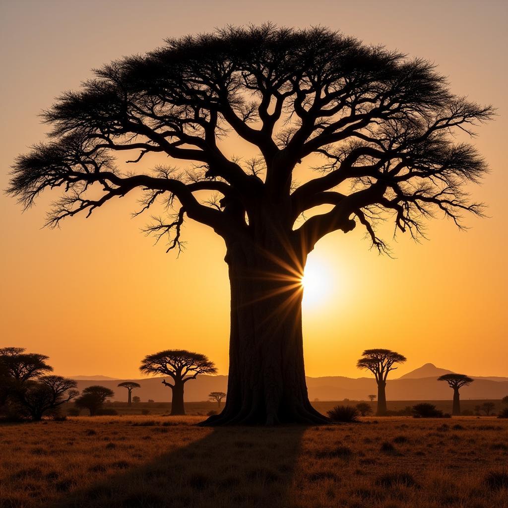 African baobab tree silhouetted against a vibrant savannah sunset