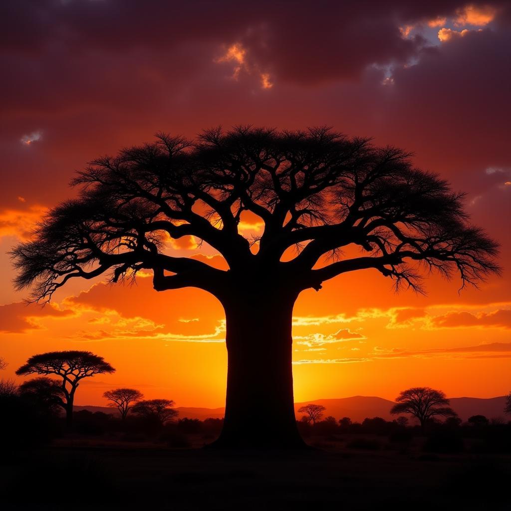 African baobab tree silhouette at sunset