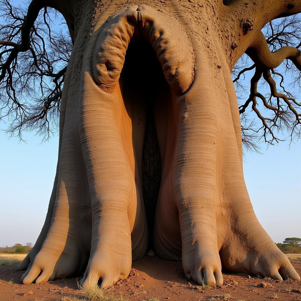 A massive baobab tree in the arid African landscape