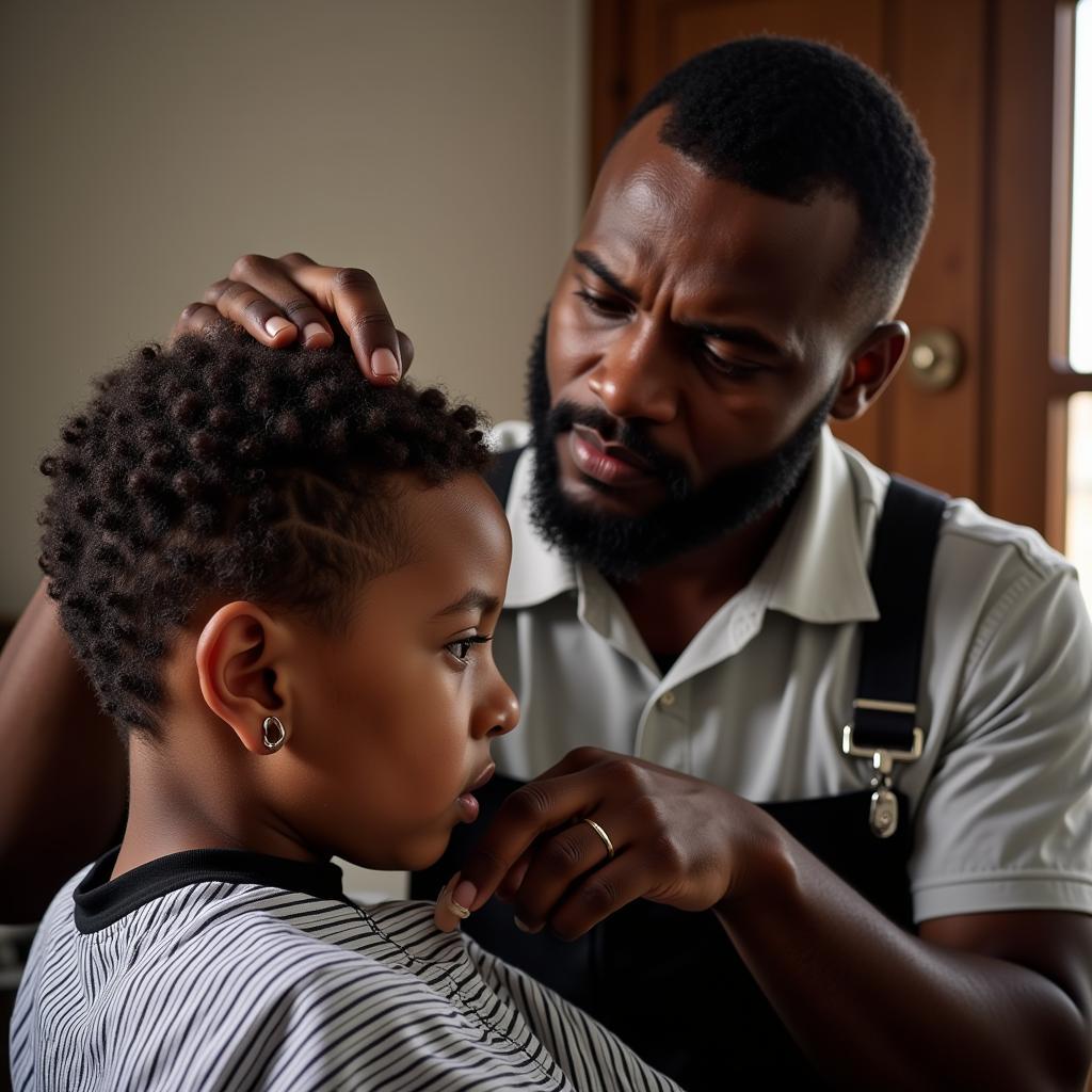 An African barber skillfully crafts a boy's haircut