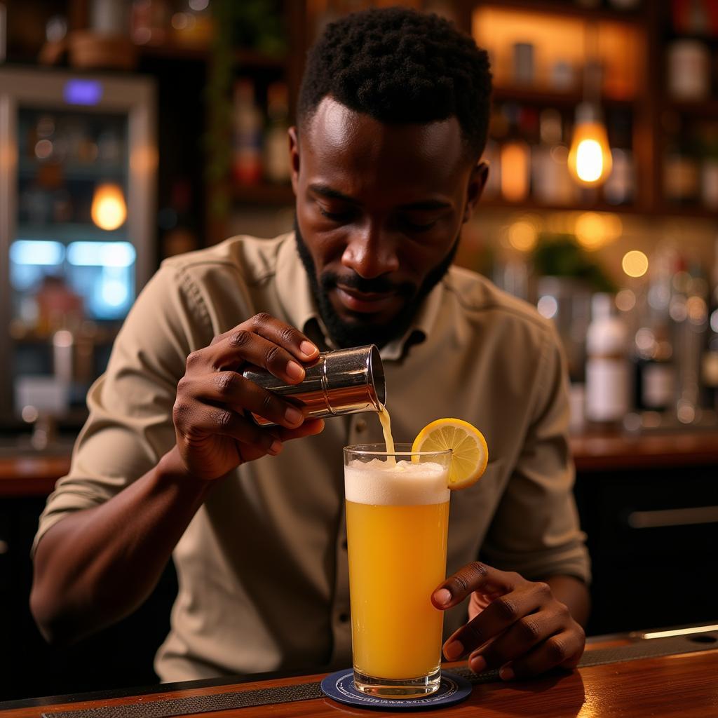 A skilled African bartender meticulously mixing a cocktail in a vibrant bar setting