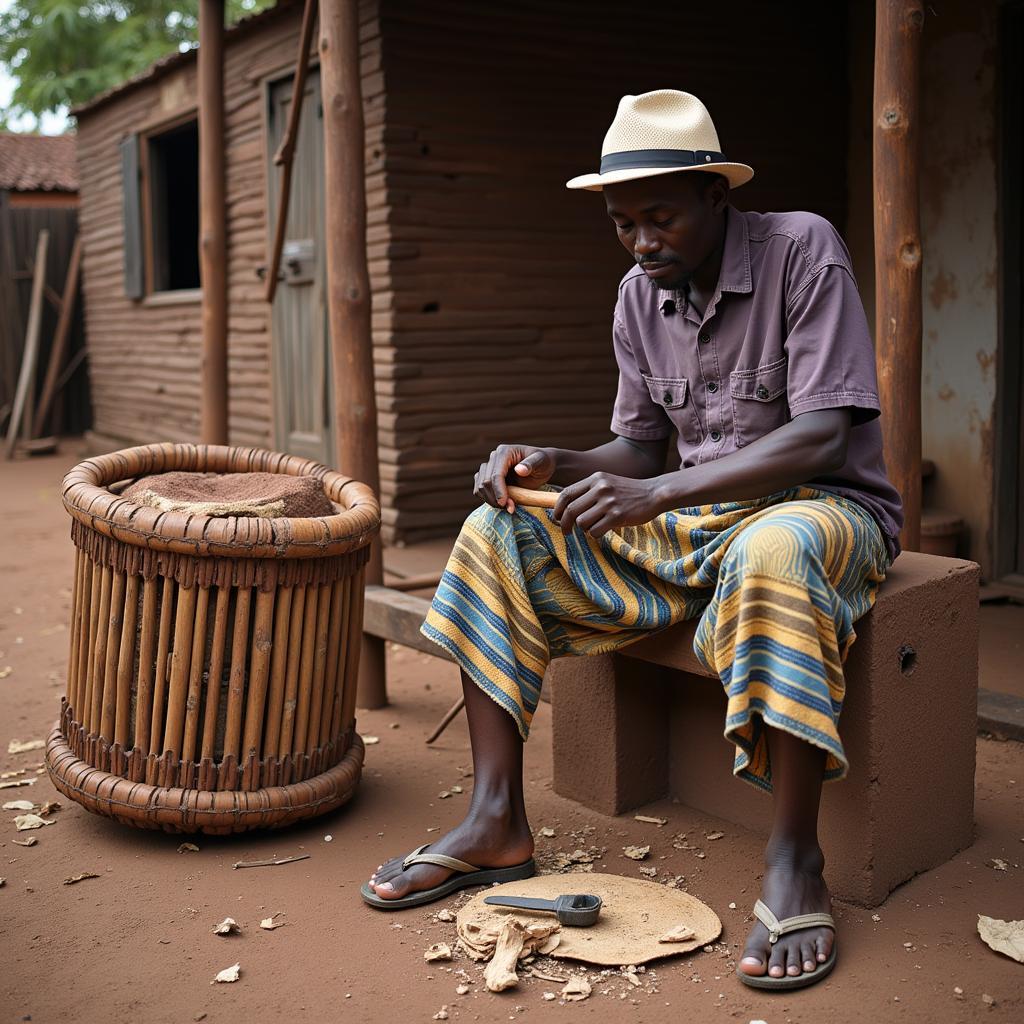 Inside a dimly lit workshop, a skilled artisan meticulously shapes the wooden neck of an African Bary. Tools and materials, including gourds, animal skins, and tuning pegs, surround him, reflecting the intricate craftsmanship involved in creating the instrument.