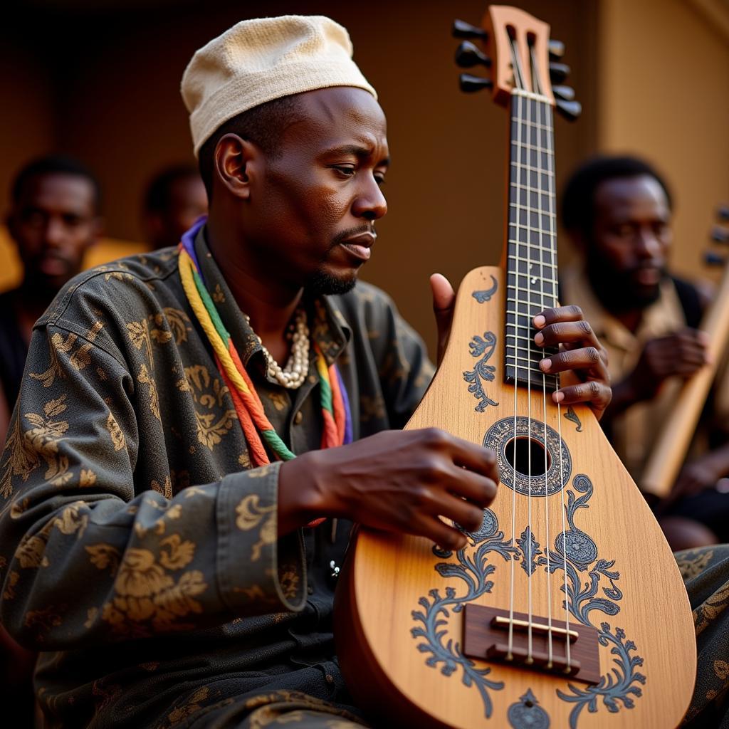 A griot dressed in vibrant traditional attire, sits with legs crossed, expertly playing an elaborately decorated African Bary during a cultural ceremony. His hands move rhythmically across the strings, his face reflecting the depth of the music.