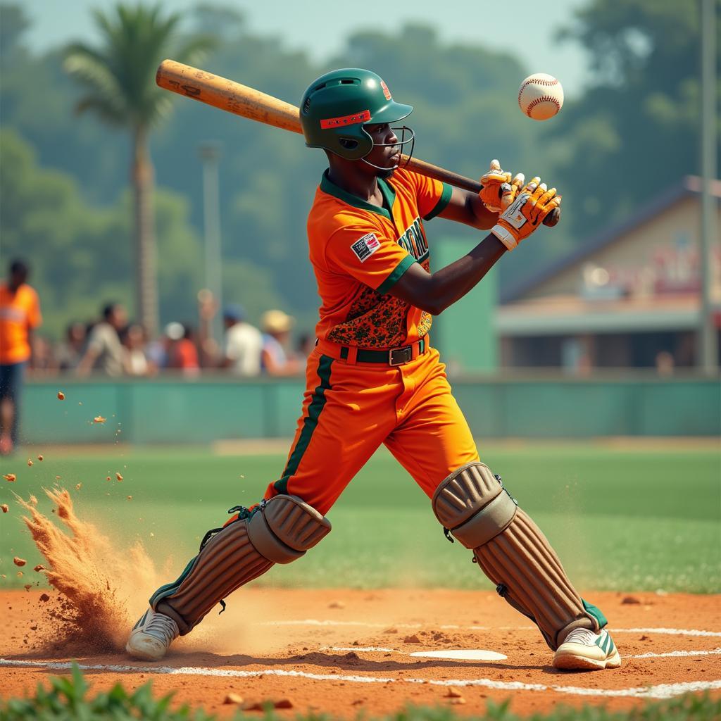 African Baseball Player Hitting a Home Run 