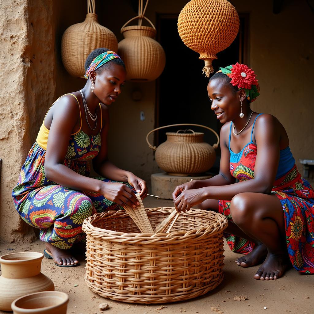 Women weaving baskets in traditional techniques