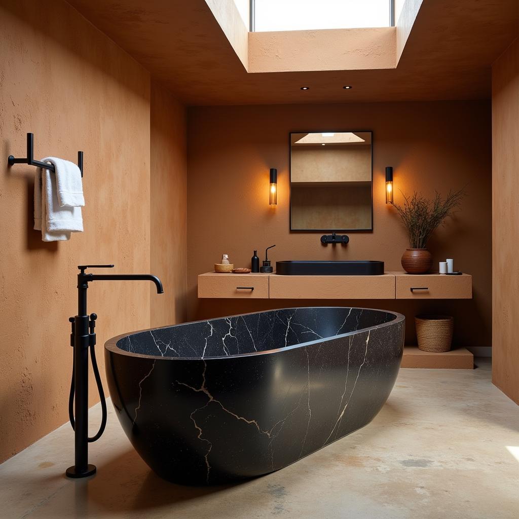 African bathroom decor with stone bathtub