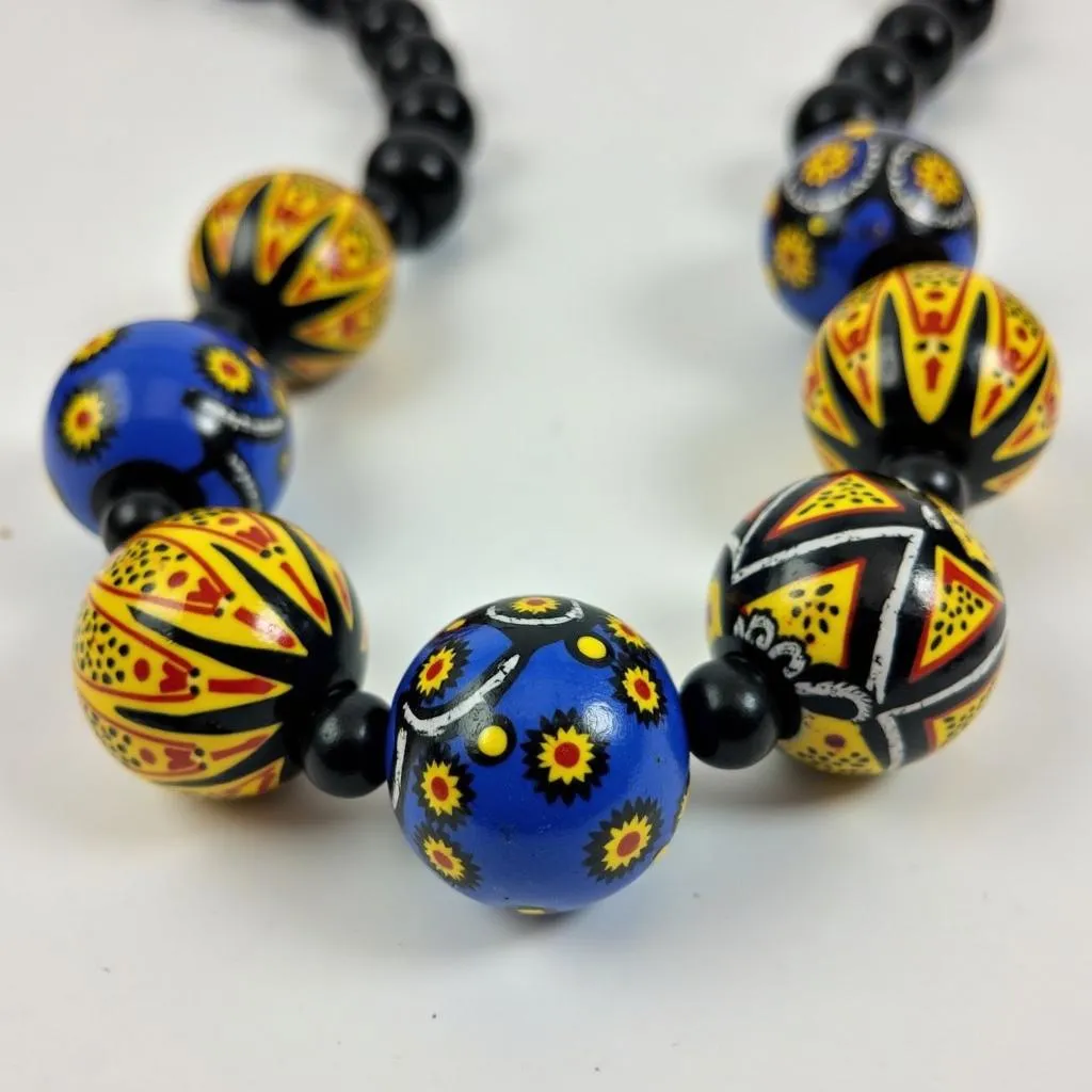 African batik beads necklace with intricate patterns and vibrant colors