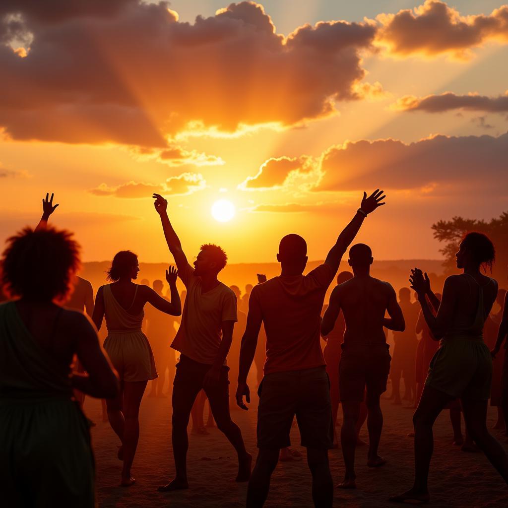 Guests dancing at an African beach party at sunset