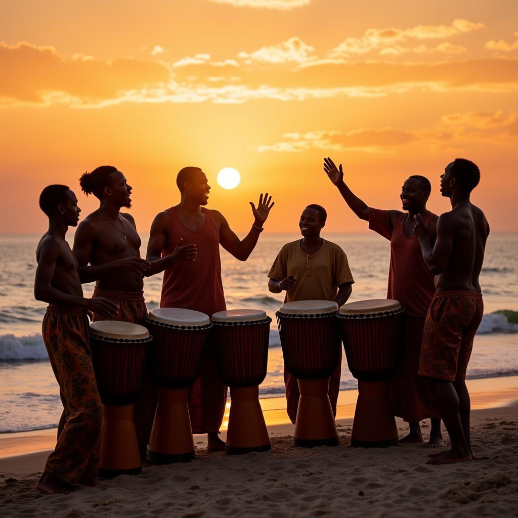 African musicians playing djembe drums at a beach party