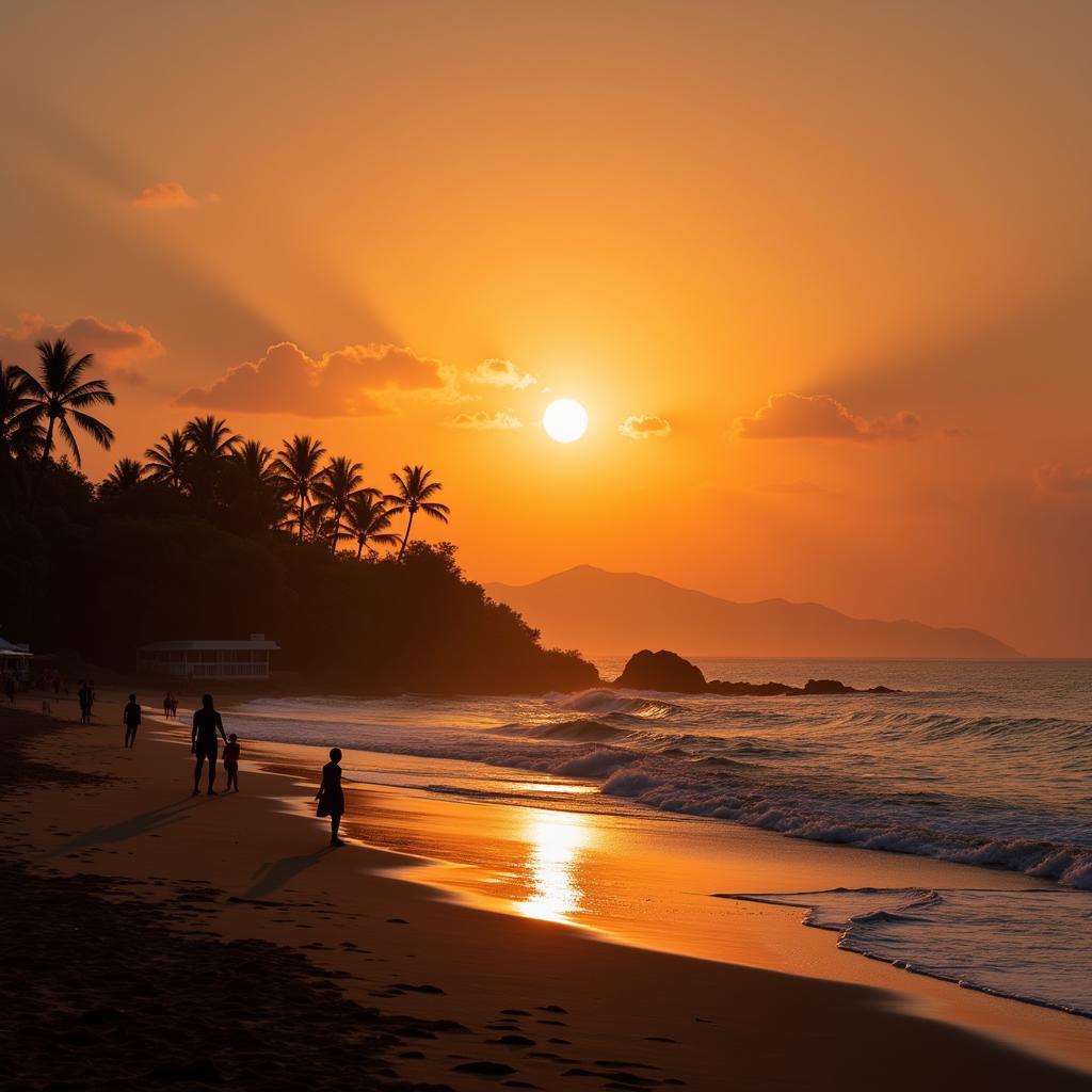 Tourists enjoying sunset at a luxurious beach resort in Africa