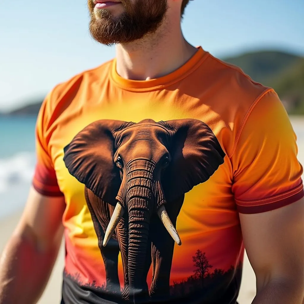 Man wearing an African beach t-shirt with a wildlife design.