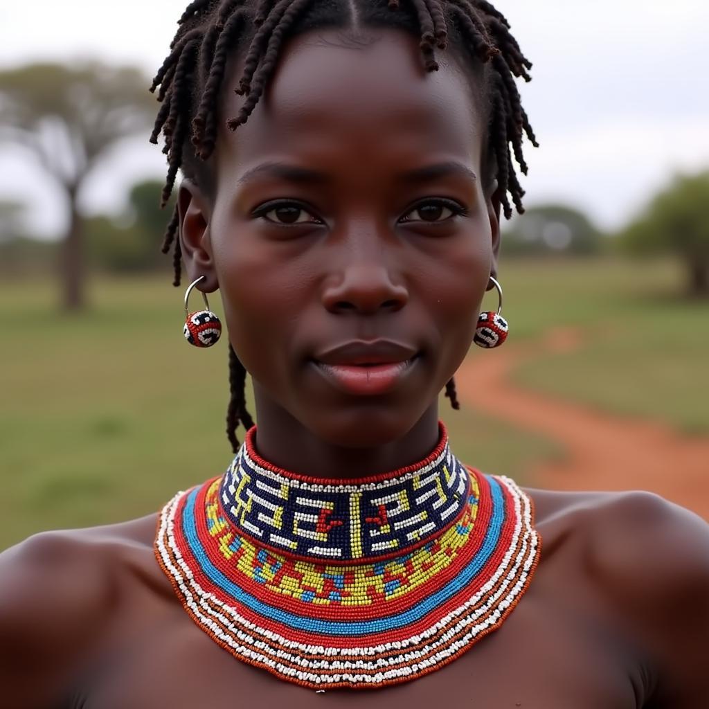 Maasai Woman Wearing a Beaded Choker Necklace