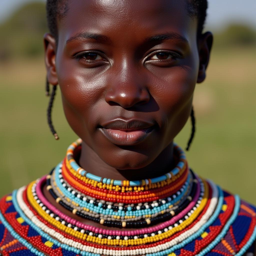 Maasai woman wearing a traditional beaded necklace