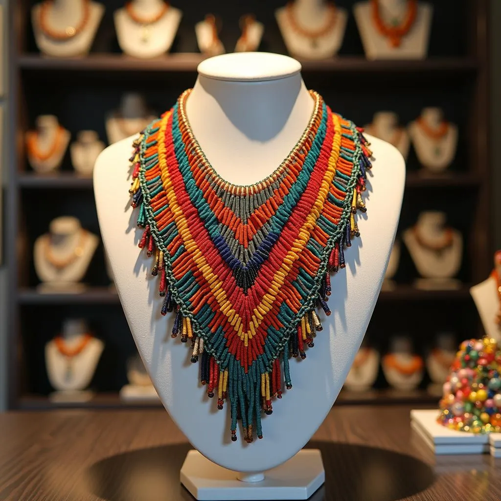 African beaded necklace displayed in a UK boutique