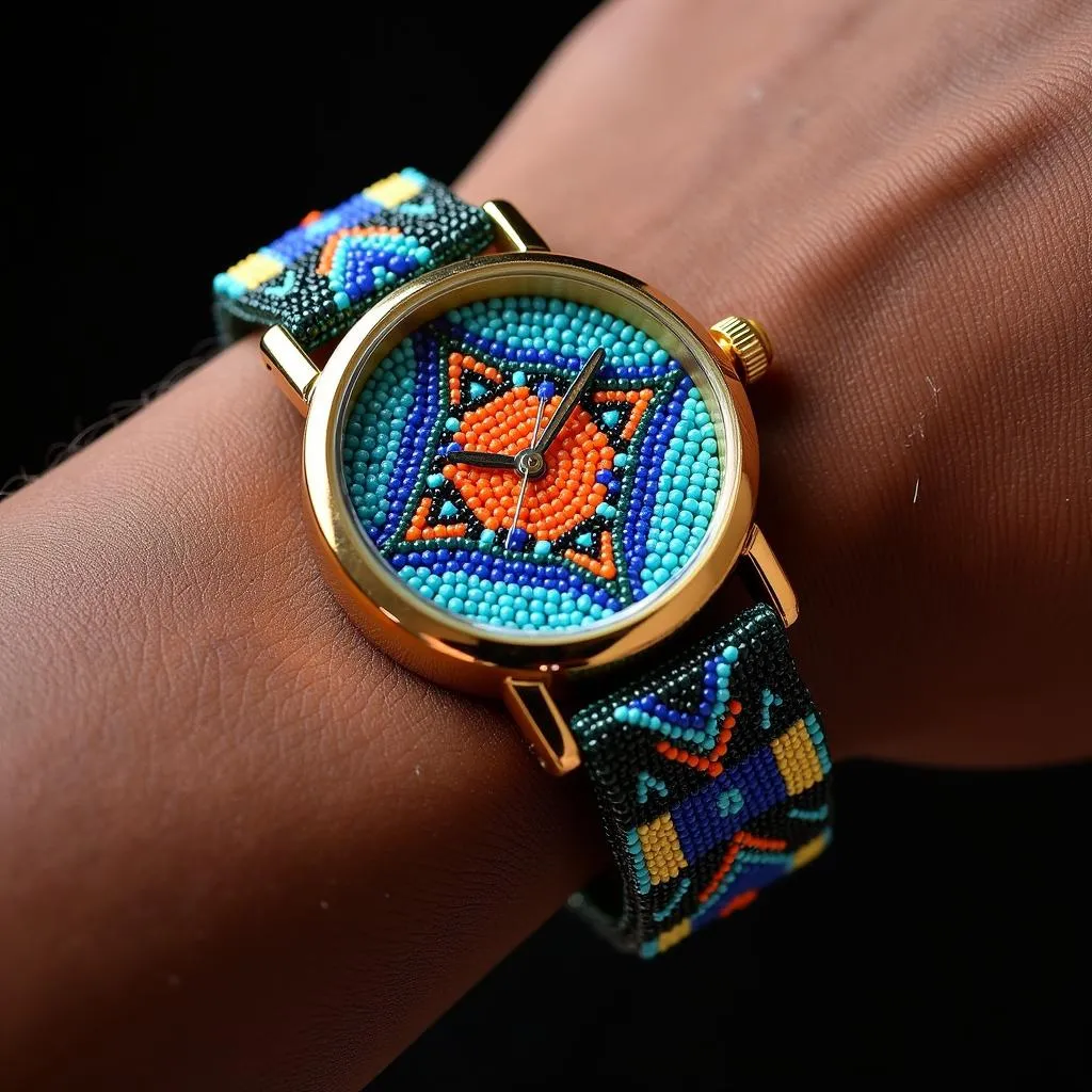 African beaded watch showcasing a colorful pattern.