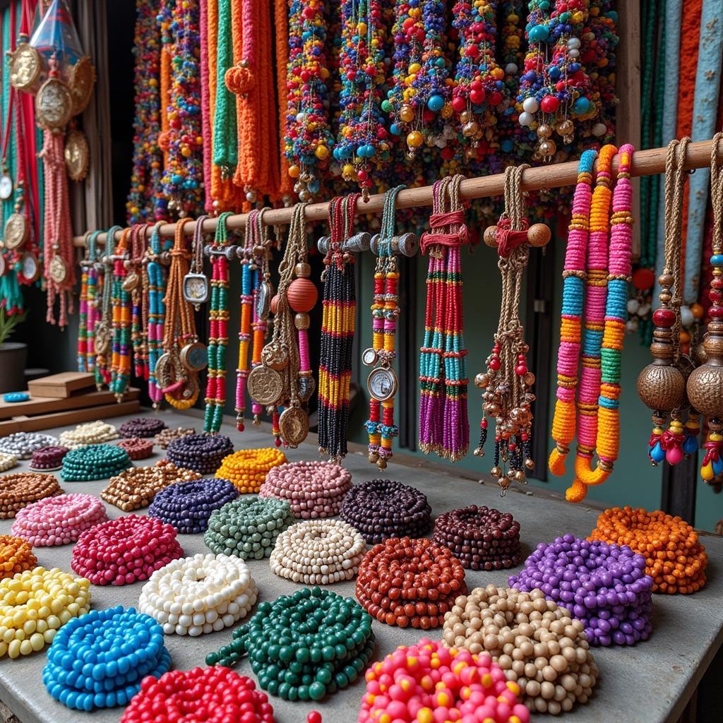 Colorful African beadwork and jewelry on display at a local market