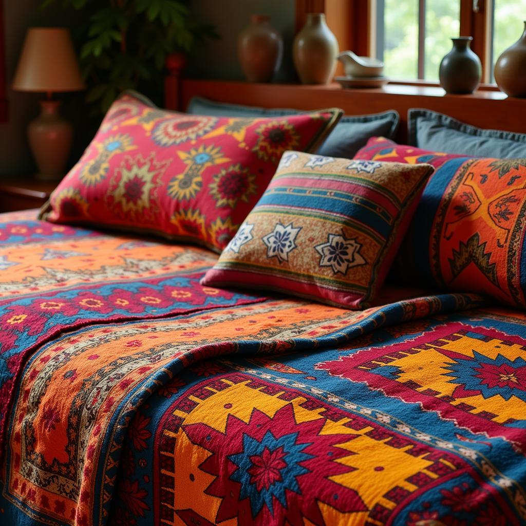 Colorful African textiles draped over a bed