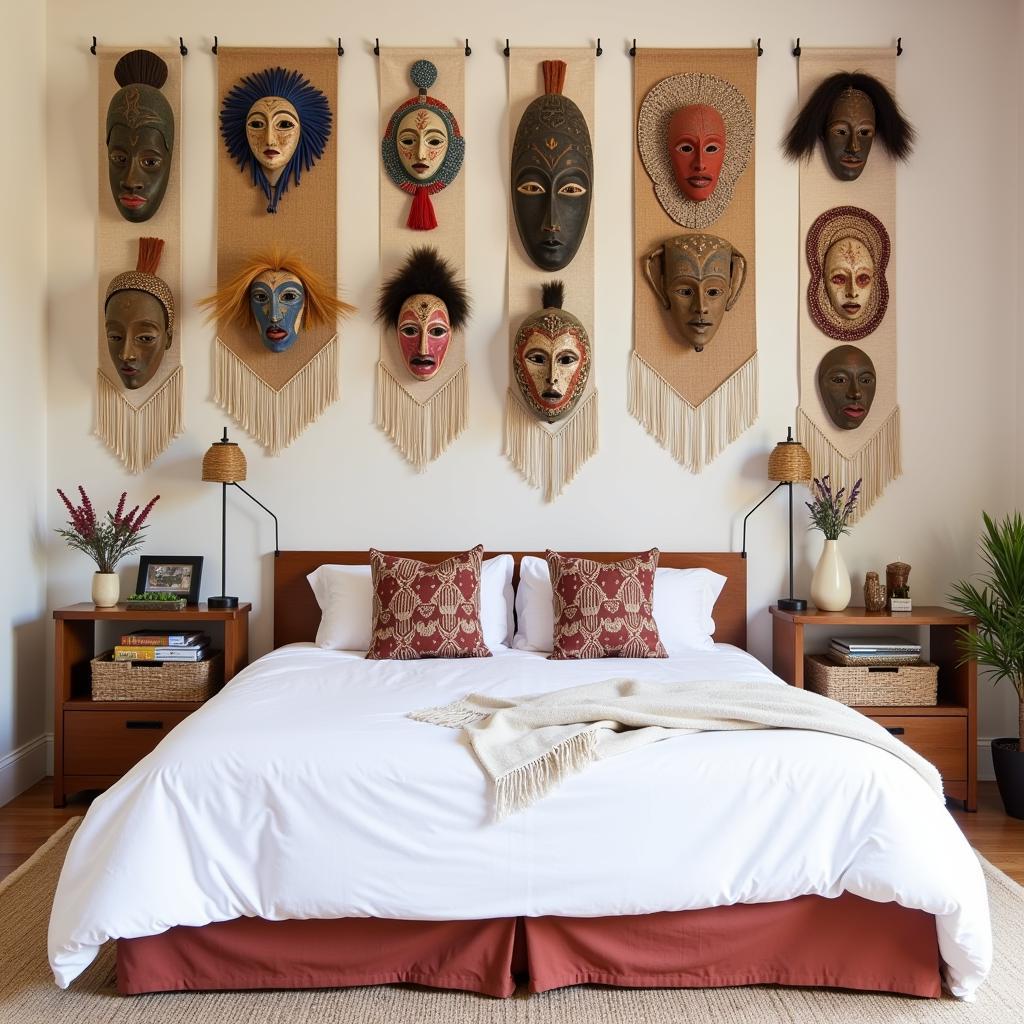 A bedroom wall adorned with colorful African masks and woven tapestries