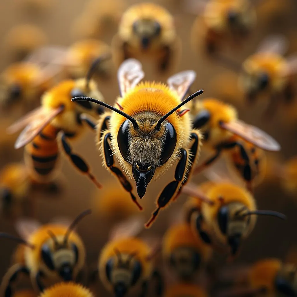 A swarm of African bees attacking a threat