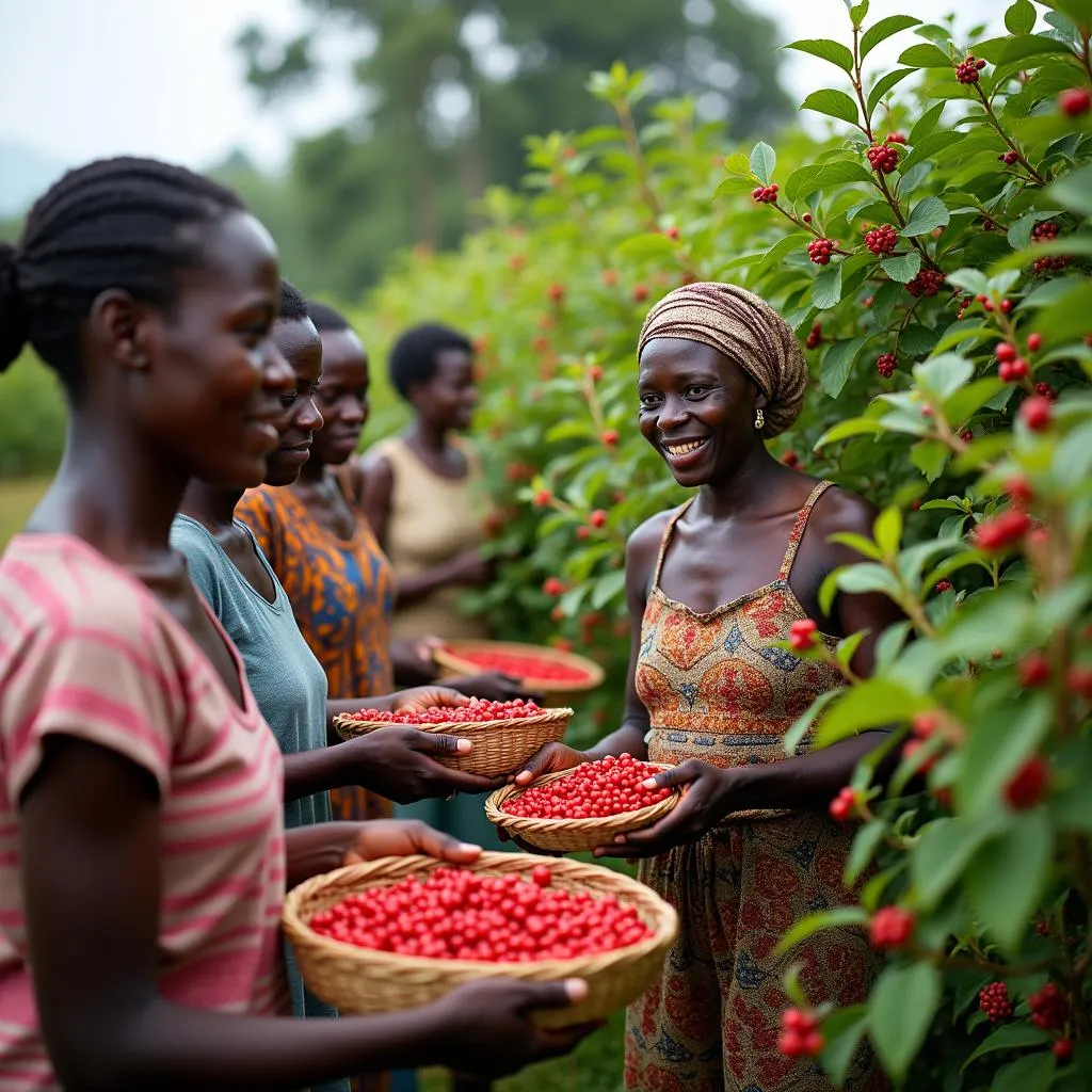 Congolese villagers harvesting berries