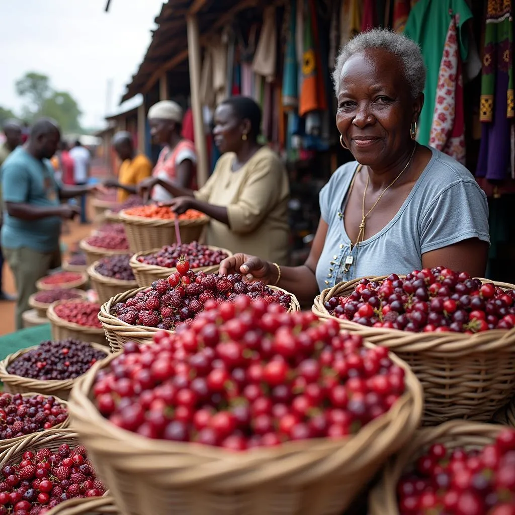 A bustling Congolese market with vendors selling berries