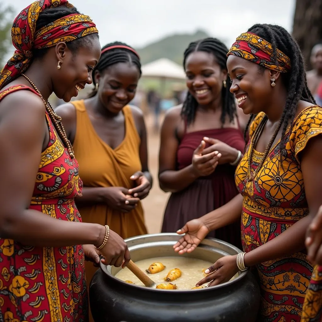 A group of African women preparing a large pot of food