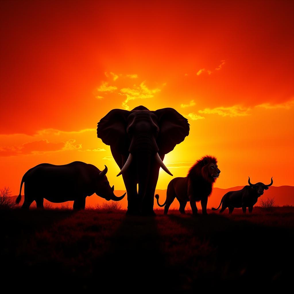 African Big Five Silhouette Against Savannah Sunset