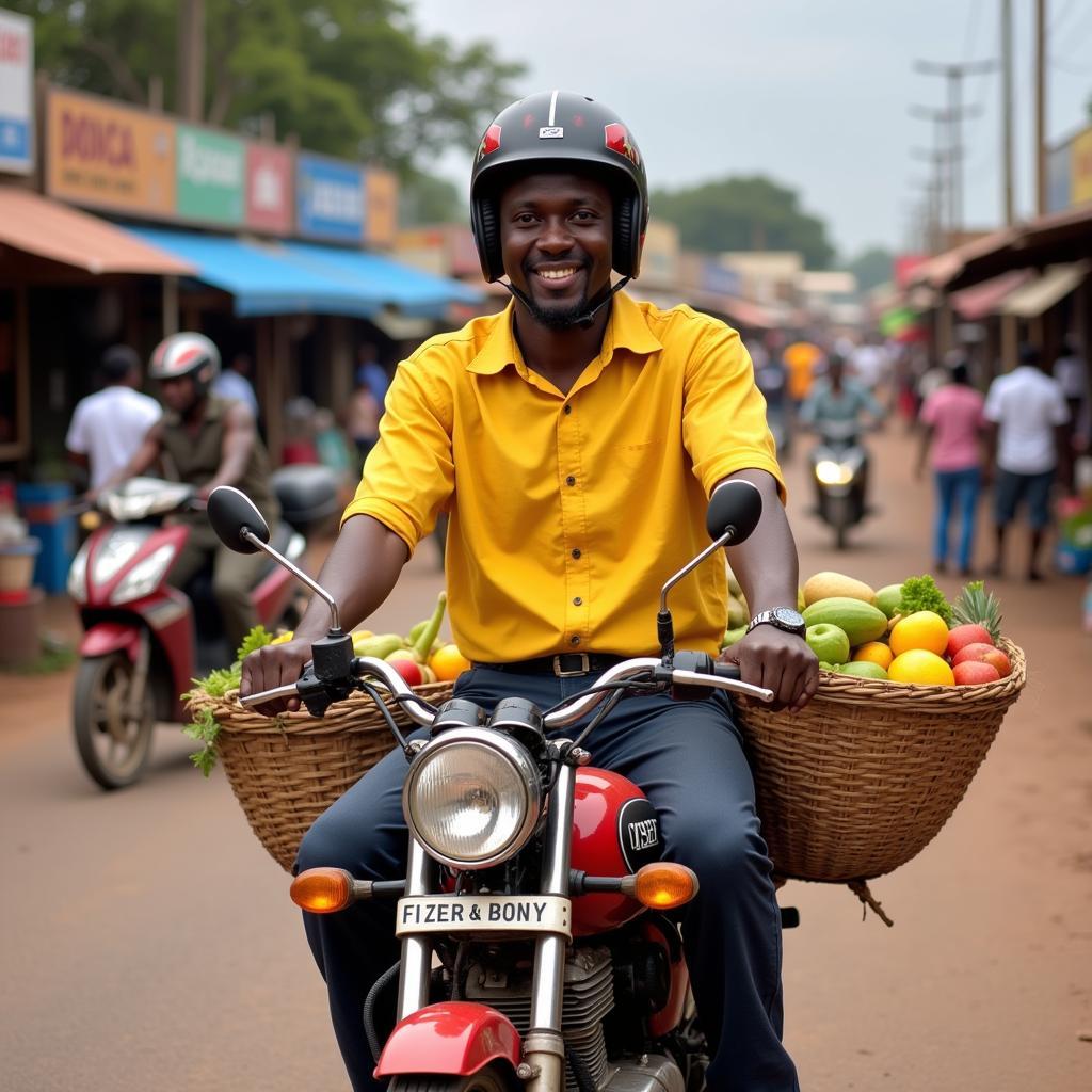 An African biker transporting goods on a motorcycle