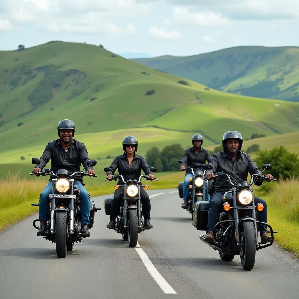 Group of diverse African bikers riding on a scenic road